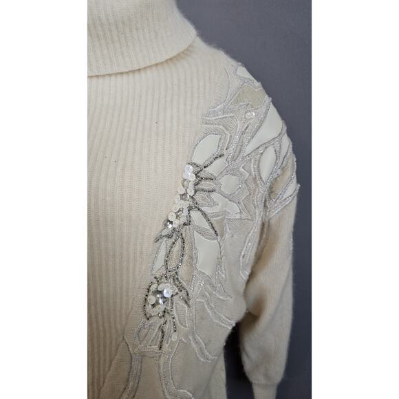 Vintage Anna Laurence Embellished Angora Sequin Sweater Cream Turtleneck Holida - Picture 2 of 10